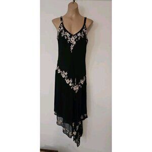 Y2K Vintage Black Asymmetrical Slip Dress  Beaded Applique Sz 10  Flapper 20's